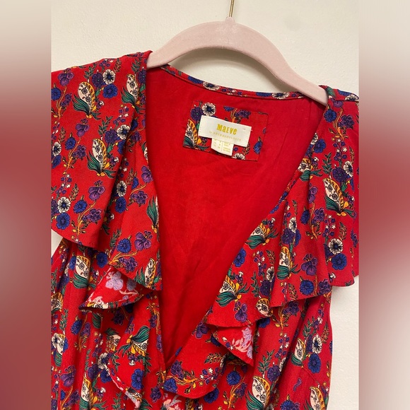 ANTHROPOLOGIE Maeve Rosalia Ruffle Shirred Red Floral Faux Wrap Dress size 4 - Picture 3 of 8